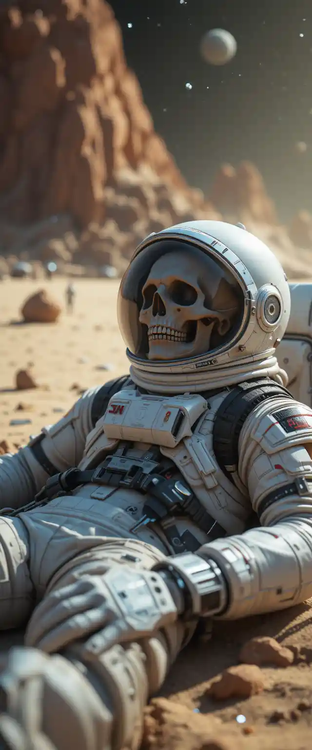 Astronaut Skull Resting In Spacesuit On Quiet Beach