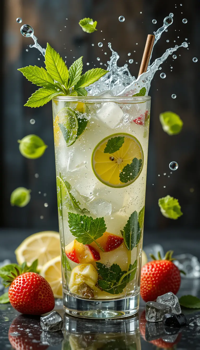 Refreshing summer mojito cocktail with ice water splashes