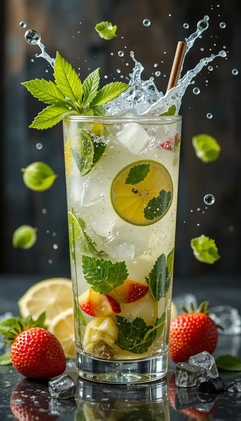 Refreshing summer mojito cocktail with ice water splashes