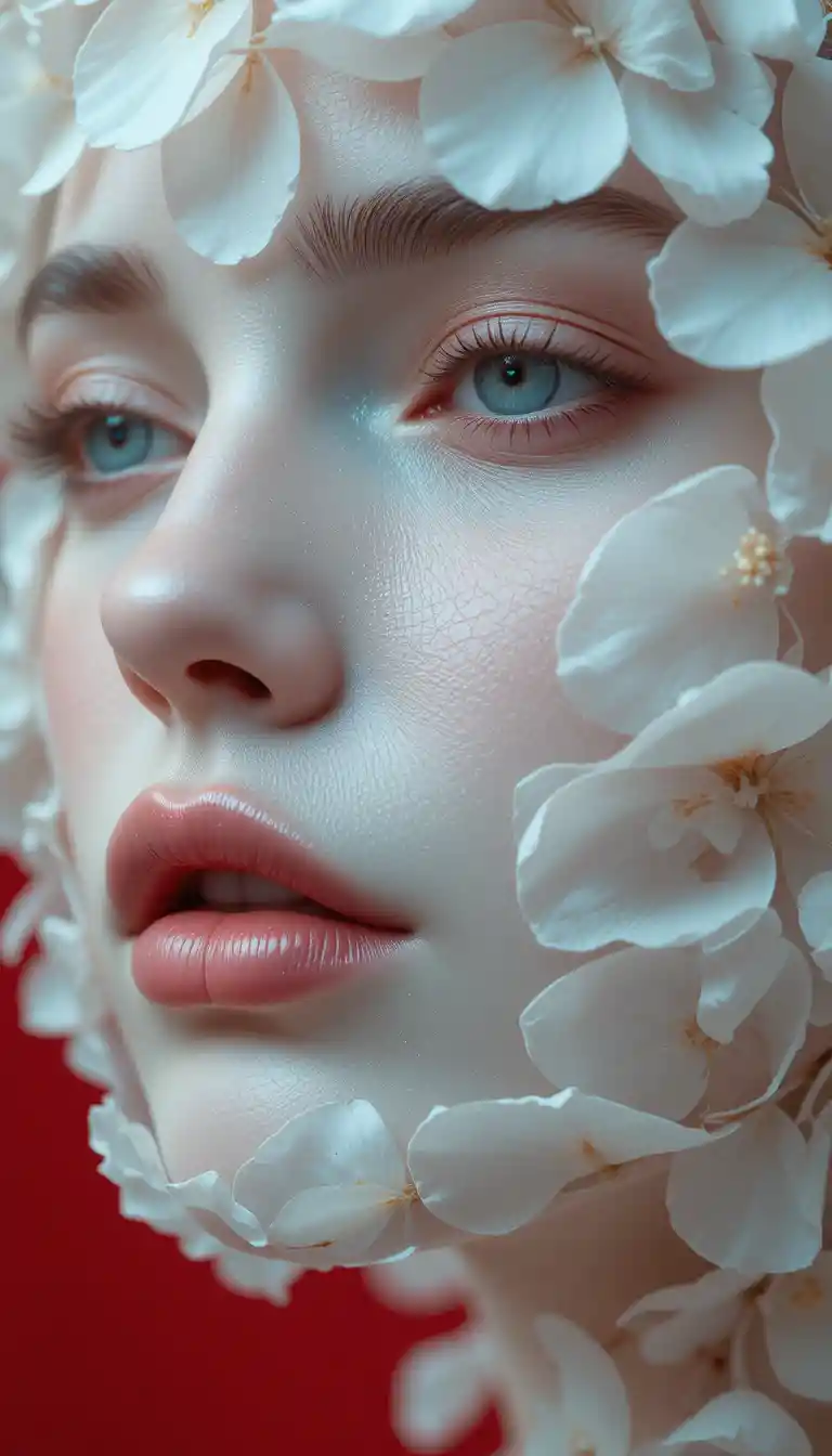 Dreamy close up portrait of woman with floral mask