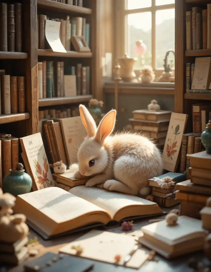 Baby rabbit resting in a cozy vintage bookstore corner
