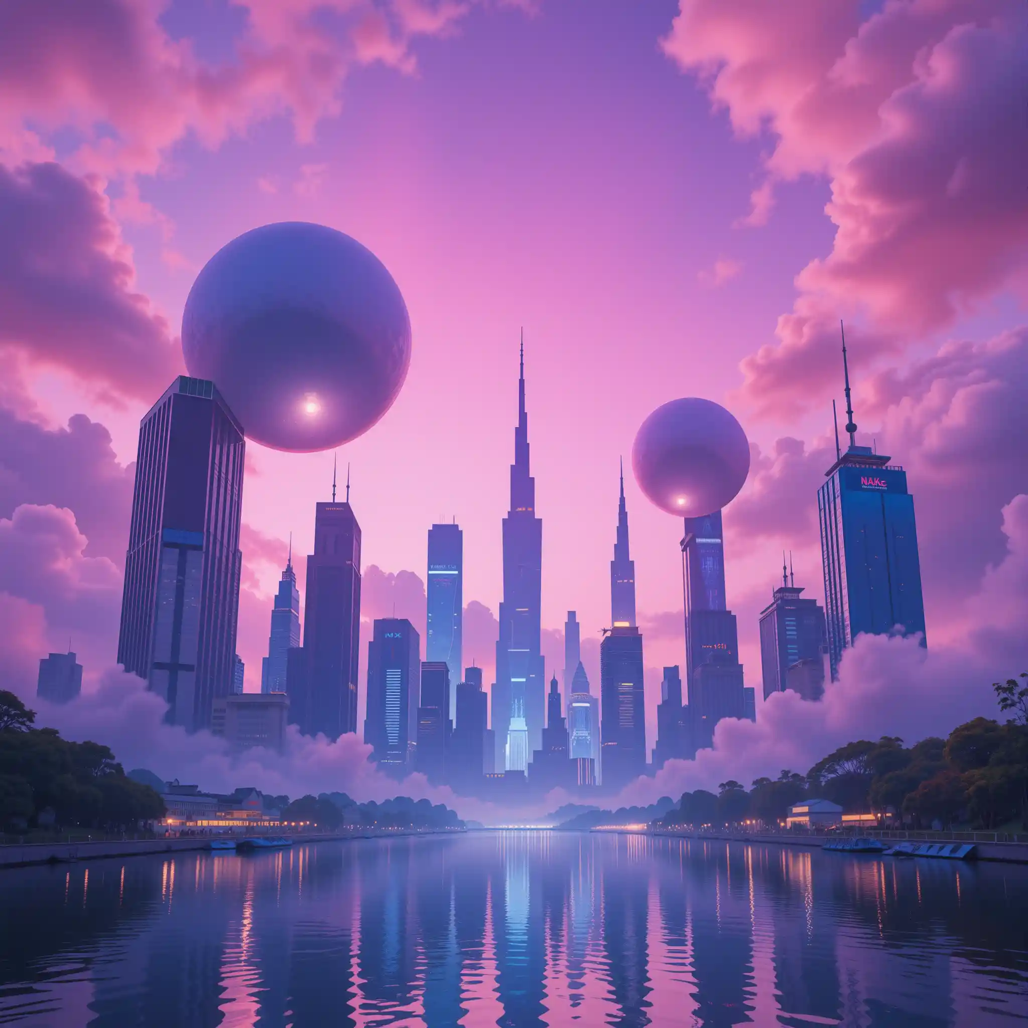 Futuristic fantasy city with neon sky and reflections