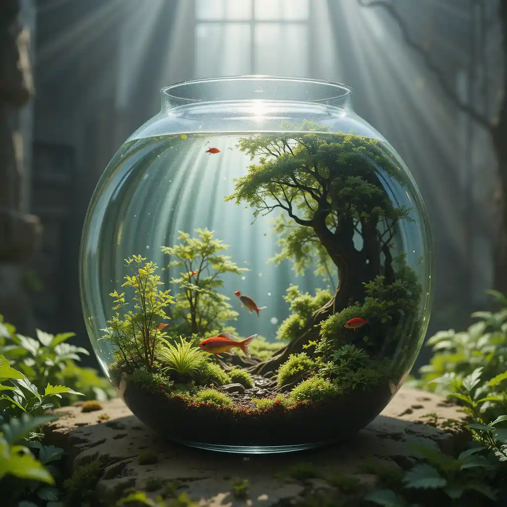 Surreal miniature forest inside a tiny glass aquarium