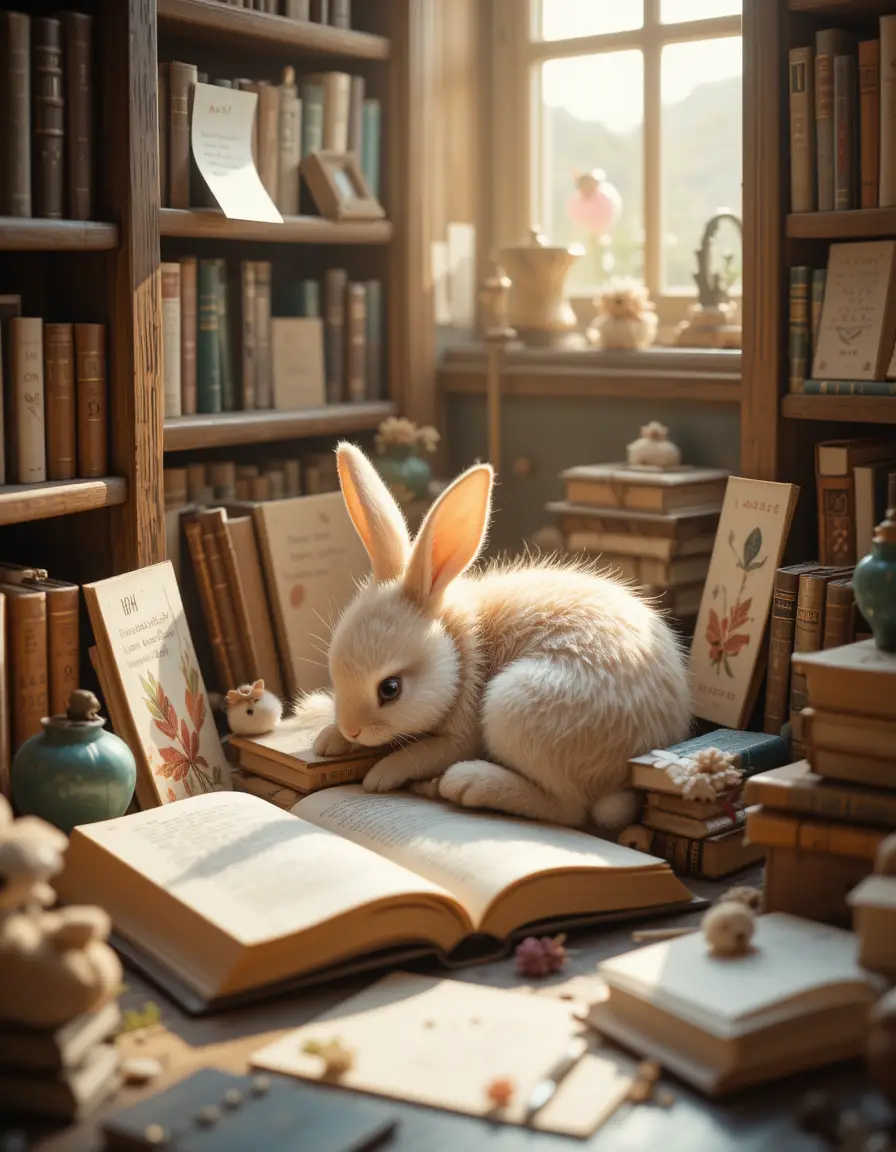 Baby rabbit resting in a cozy vintage bookstore corner