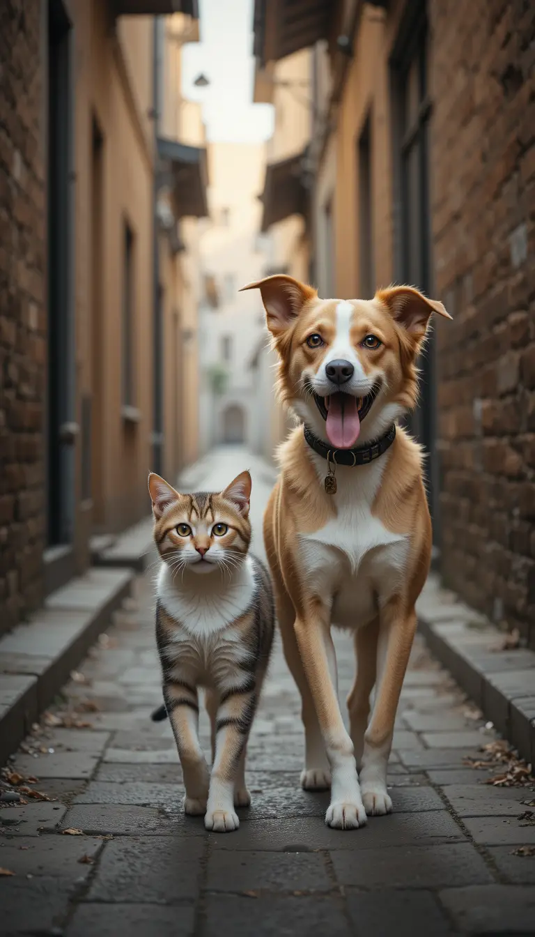 Stray cat and friendly dog walking together in alley