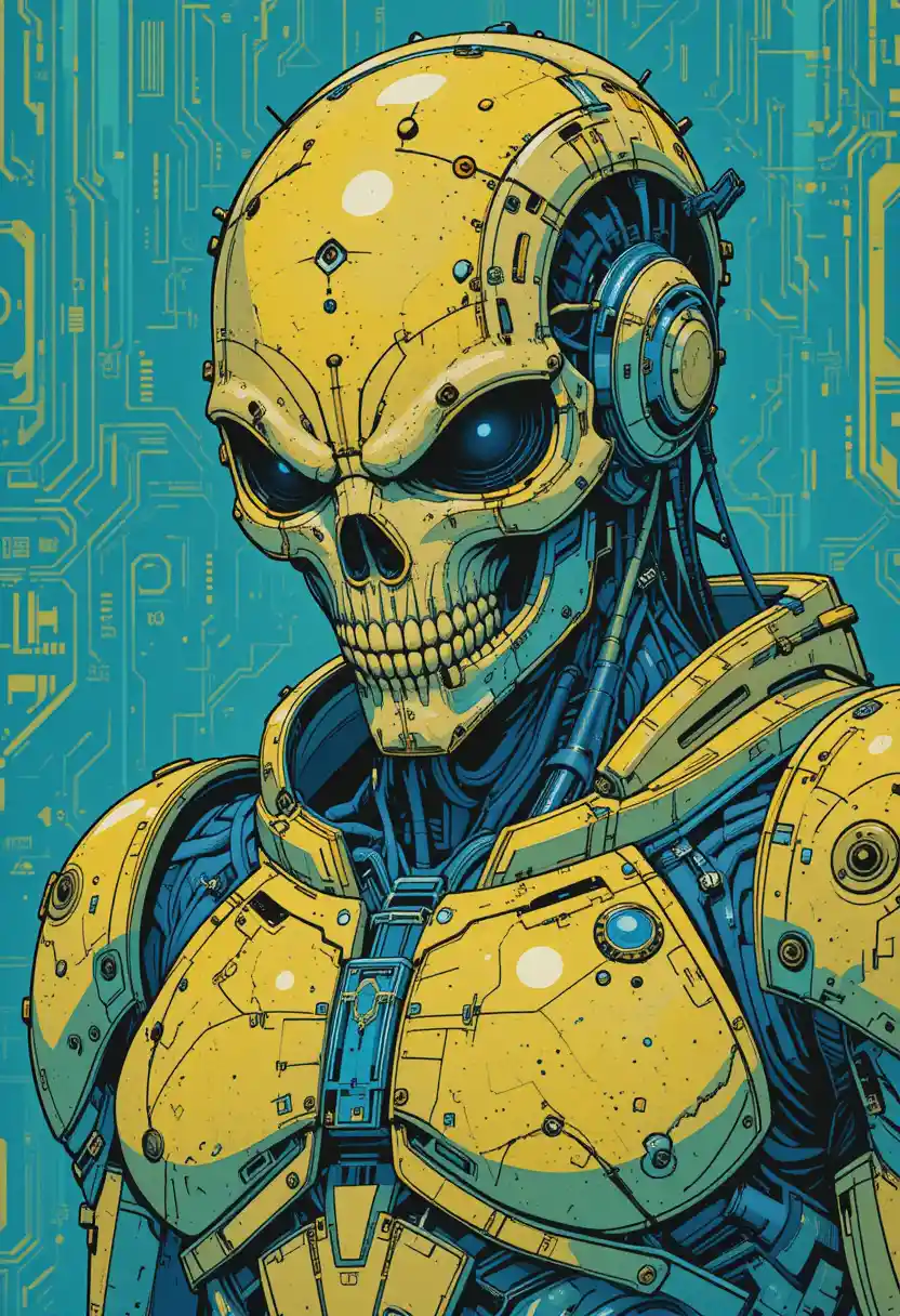Cyborg woman in full mecha suit with glowing blue tones