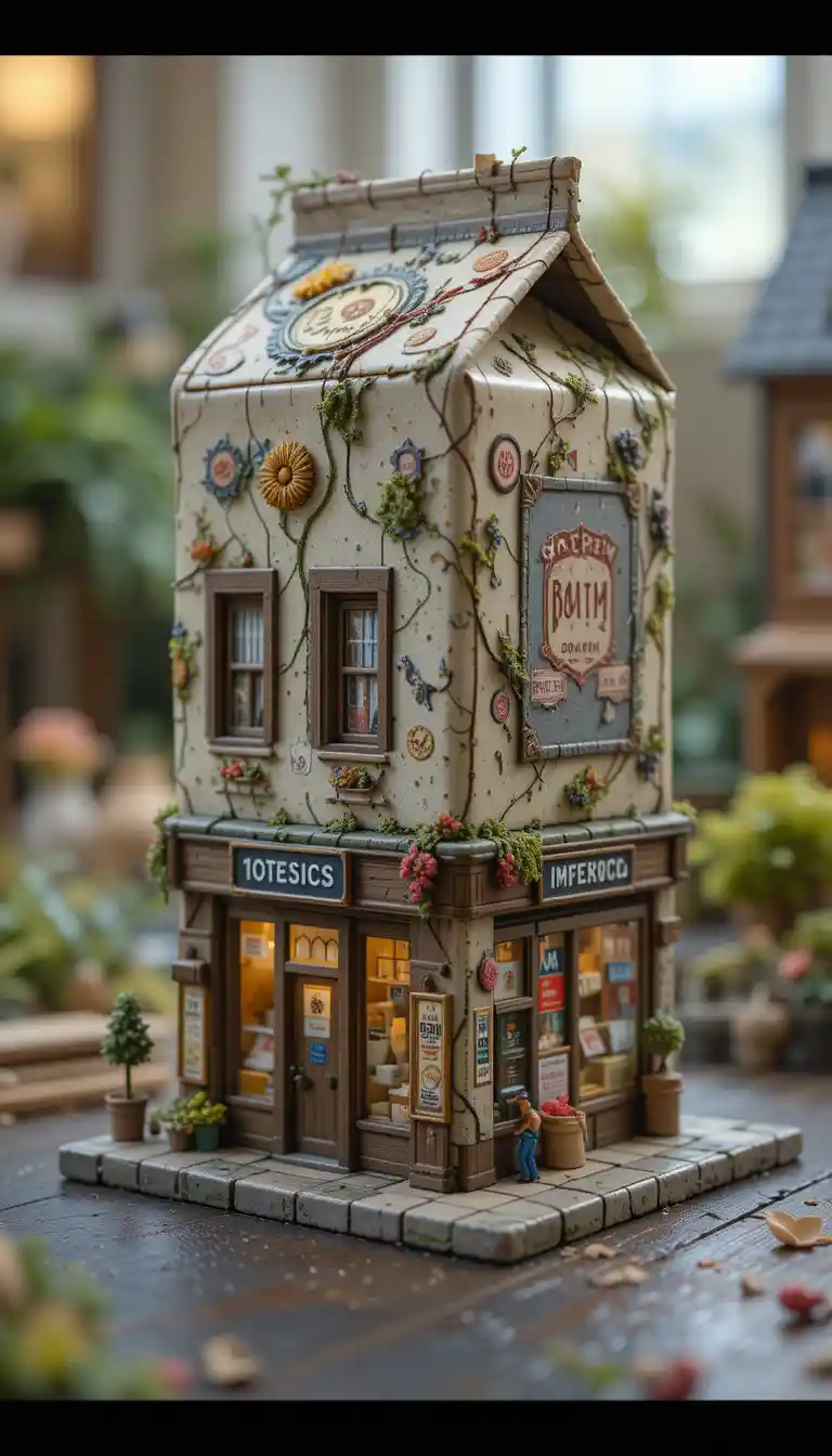 Miniature milk carton building as tiny grocery store diorama