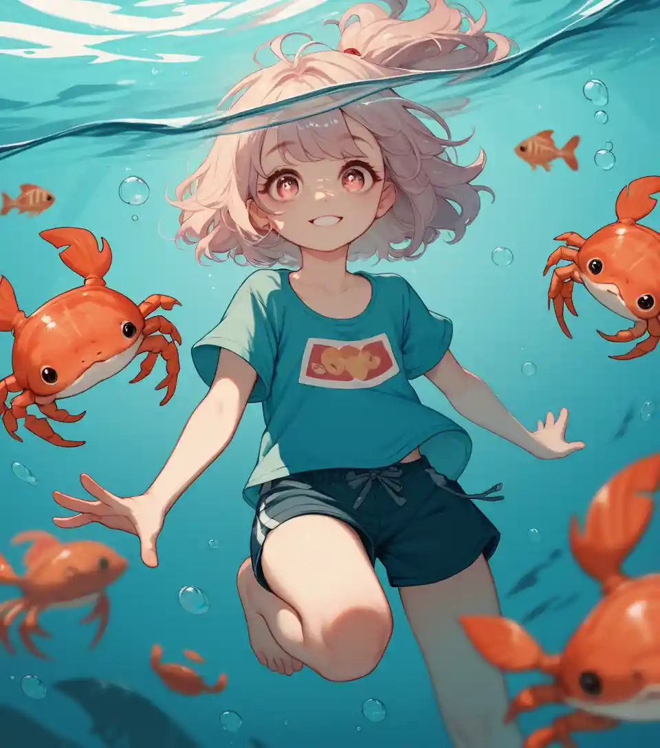 Cute young girl swimming underwater with colorful fish