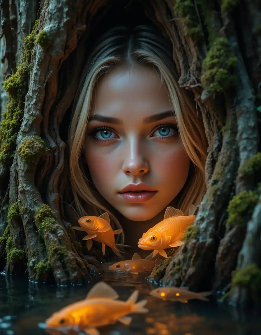 Young woman peeking through an ancient tree hollow