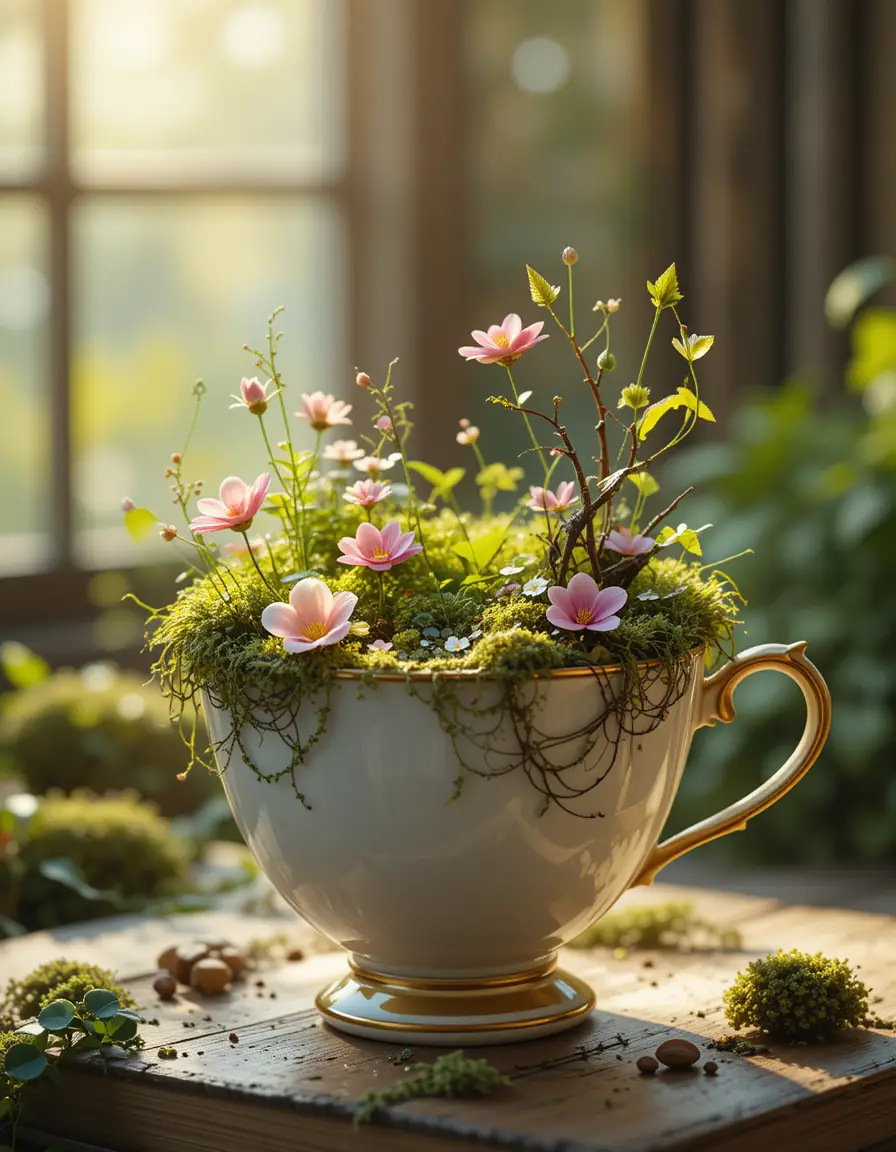 Miniature Garden In A Porcelain Teacup With Sunlit Greenery