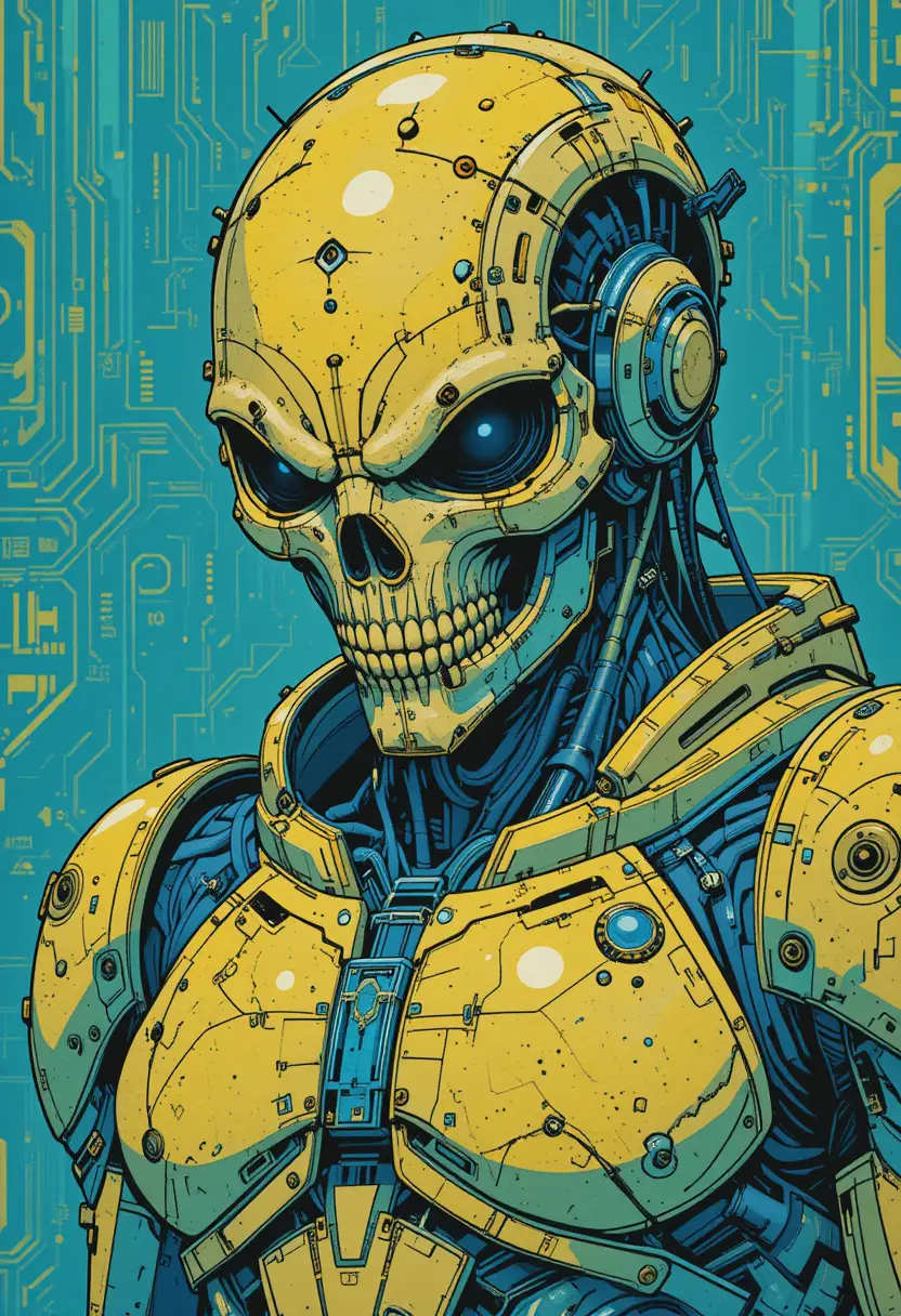 Cyborg woman in full mecha suit with glowing blue tones