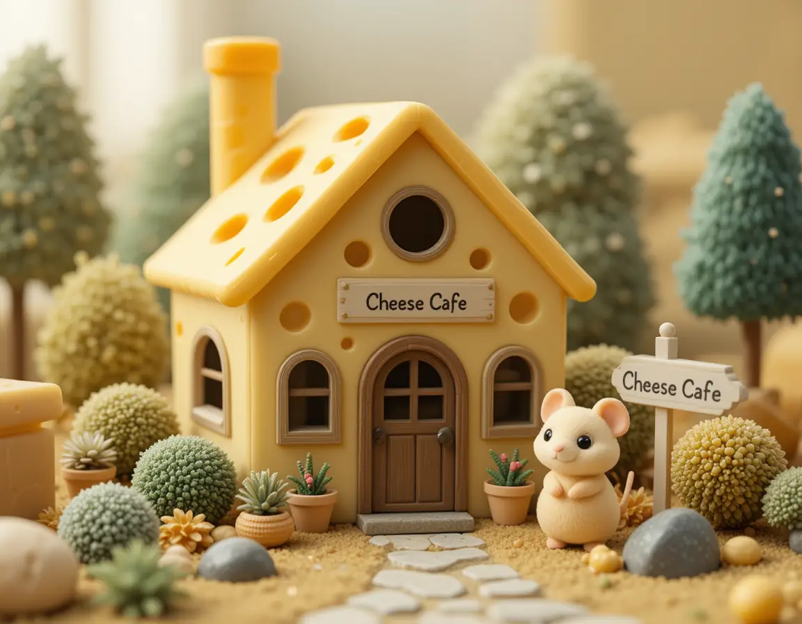Cute cheese cottage diorama with plush mouse character