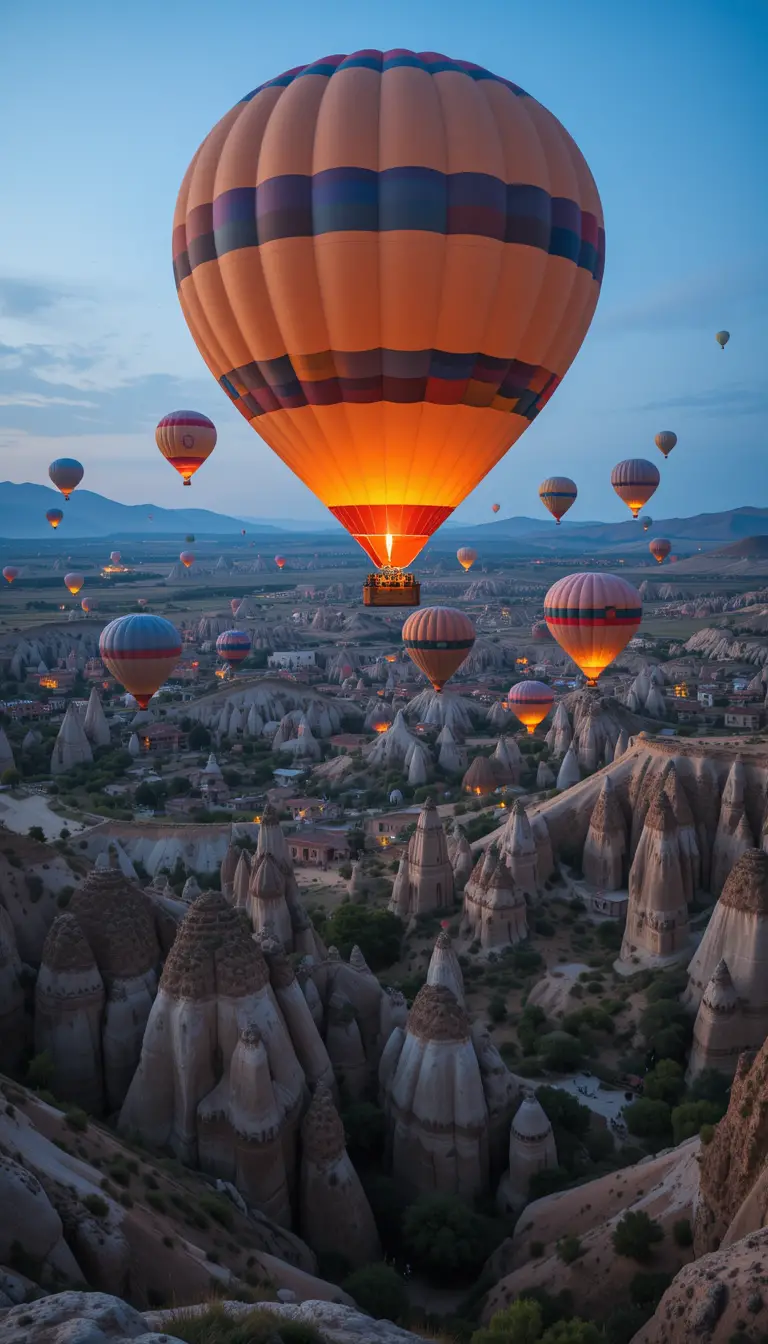 Colorful hot air balloons over rocky cappadocia landscape
