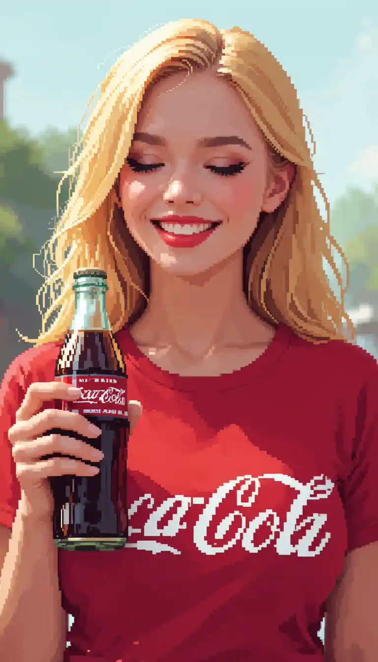 Smiling blonde woman with cola in retro pixel art style