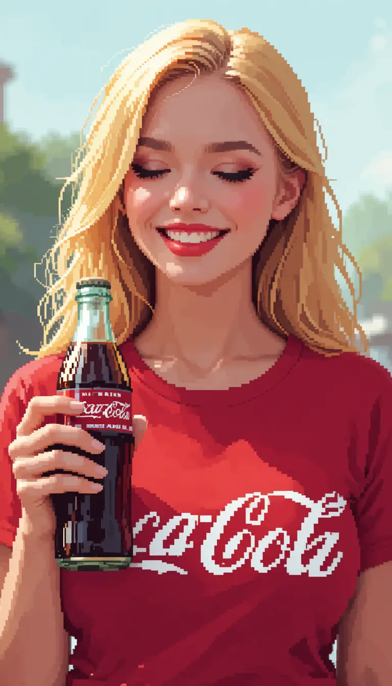 Smiling blonde woman with cola in retro pixel art style