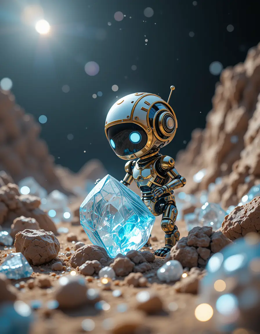 Cute little robot exploring a glowing crystal desert