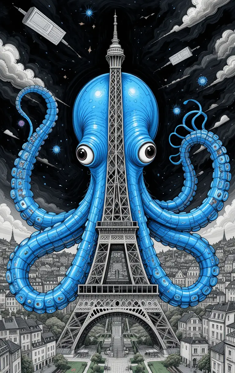 Surreal blue octopus holding the Eiffel Tower in Paris