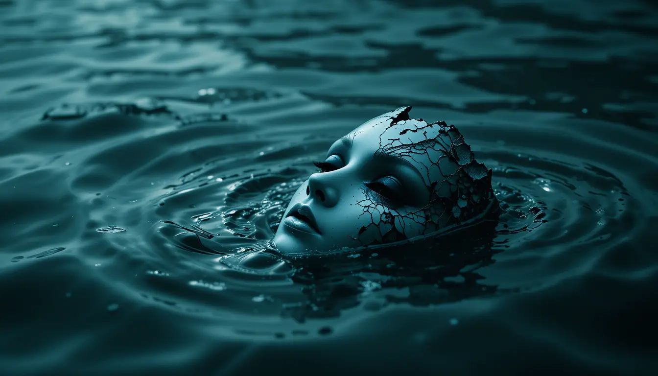 Porcelain Mask Floating Beneath Dark Moonlit Water