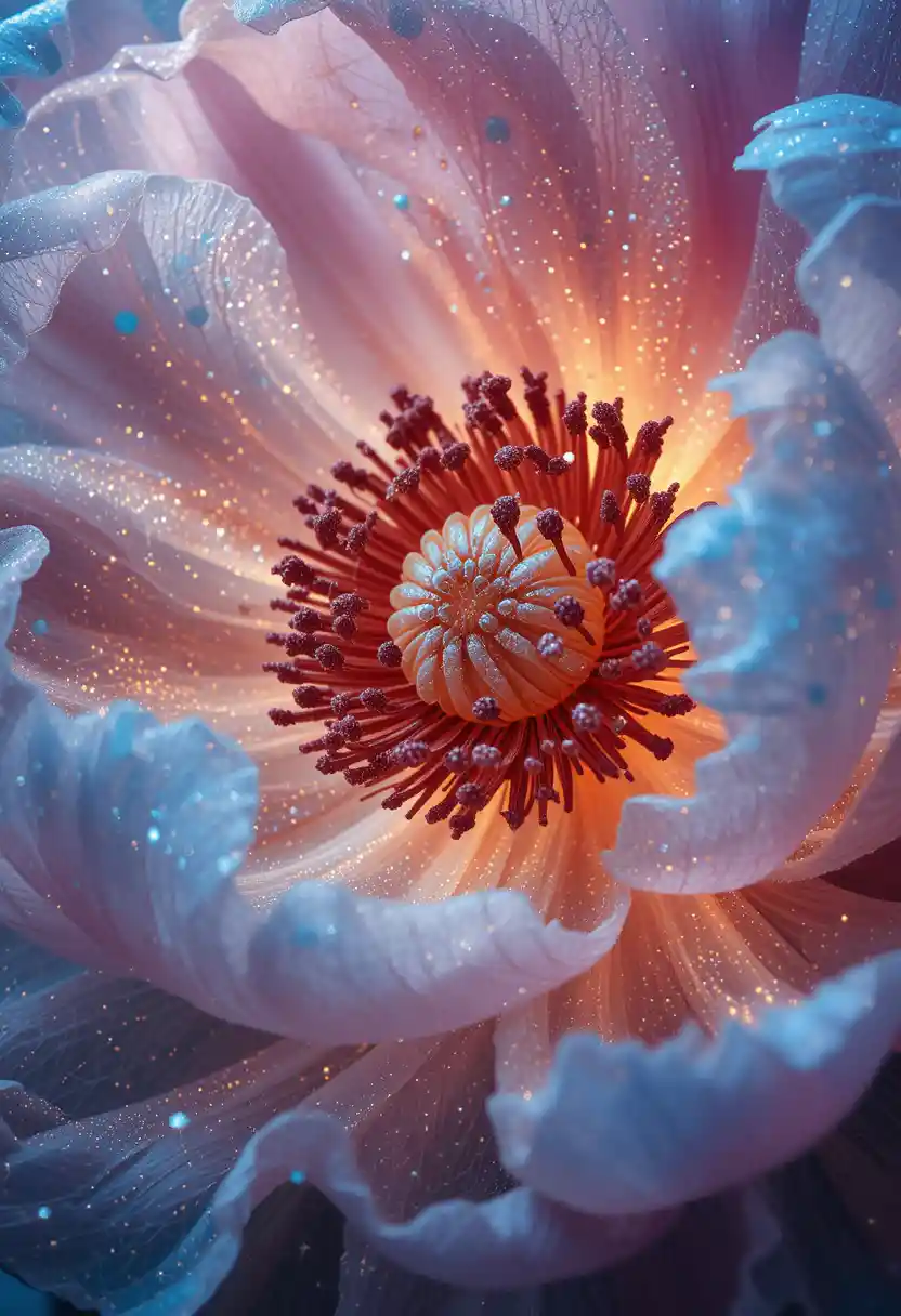 Macro embroidered peony flower with glowing stamens