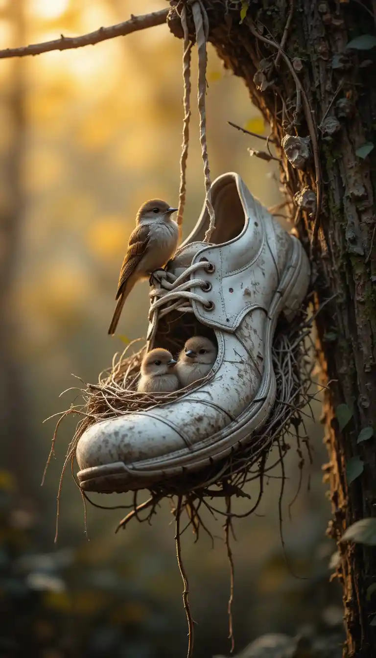 Sparrow Nesting In Old Shoe On Quiet Forest Branch