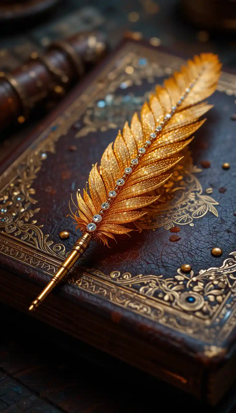 Golden feather pen resting on an ancient leather book