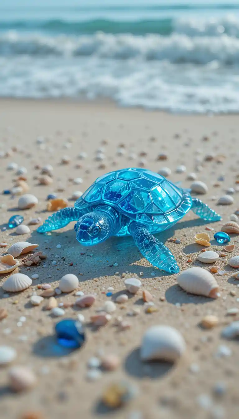 Tortuga azul transparente en playa de arena con conchas y gemas