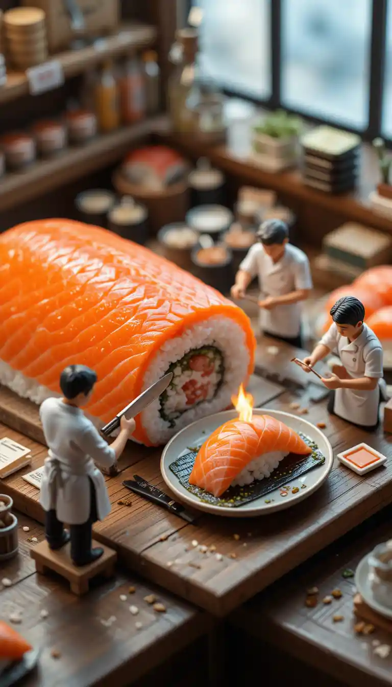 Miniature sushi chefs preparing giant salmon in kitchen