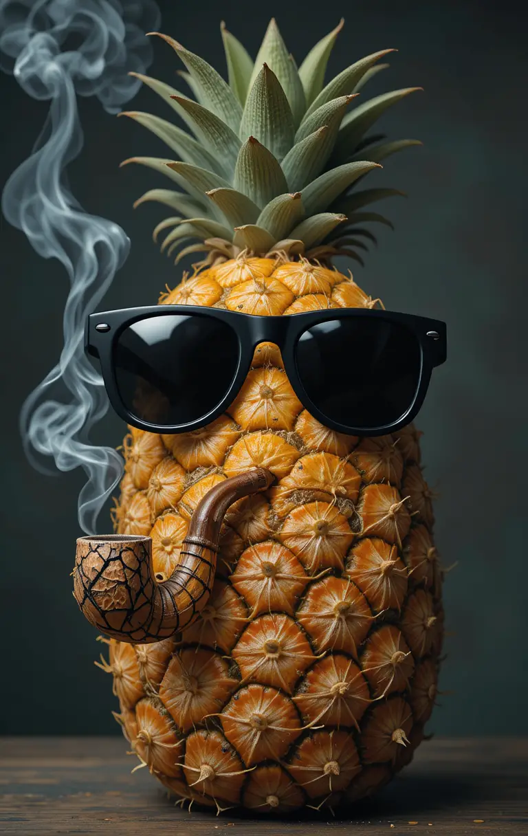 Ananas cool con occhiali da sole che fuma la pipa