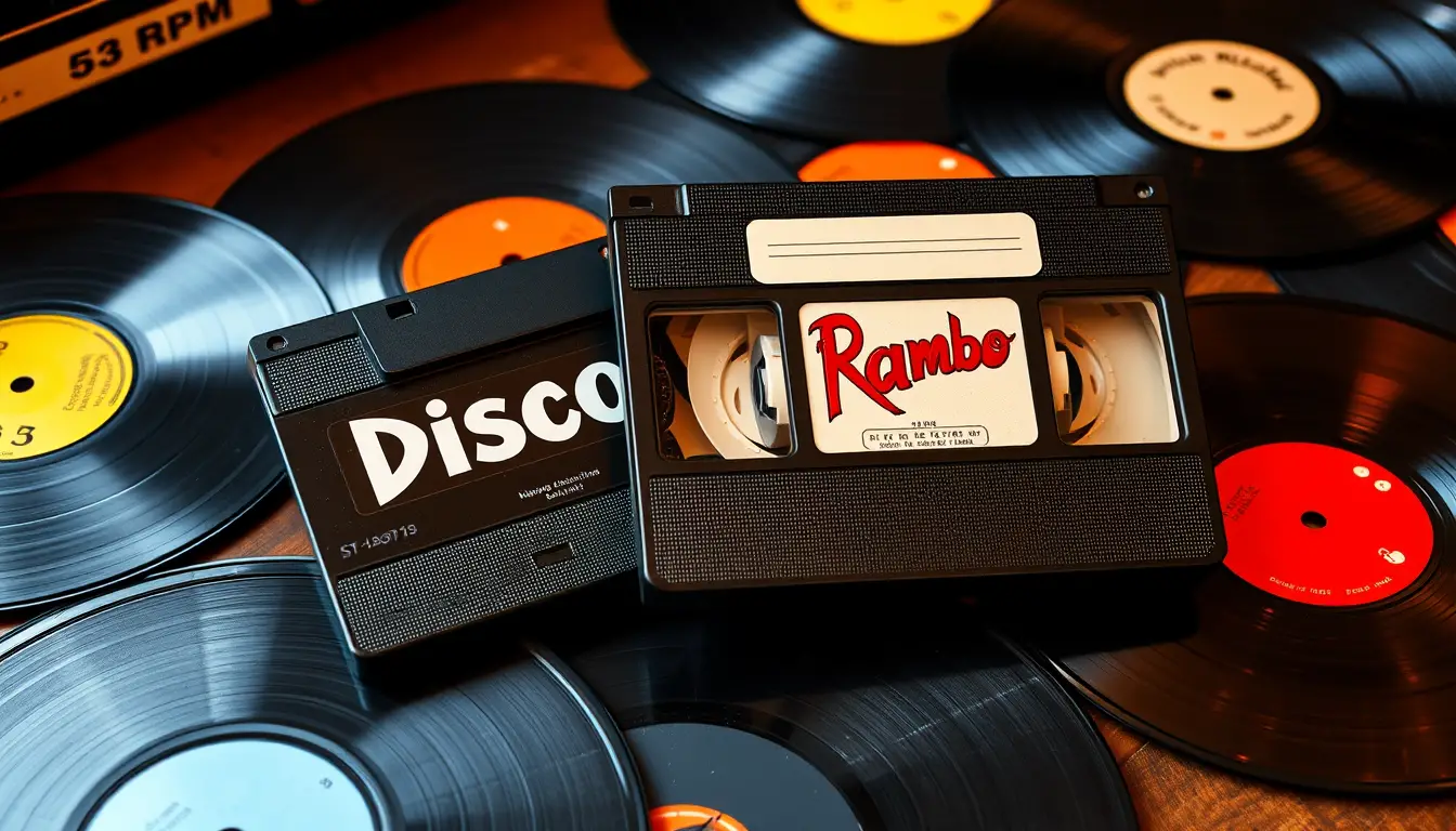 Retro audio cassette with disco text on record filled table