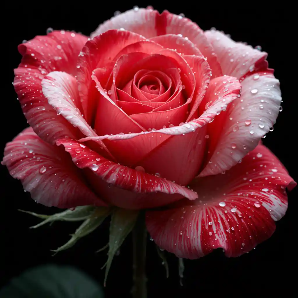 Red and white rose close up with water droplets