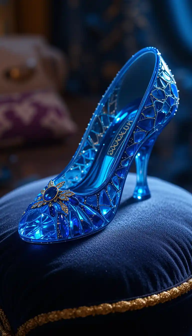 Crystal slipper on velvet cushion with golden embroidery