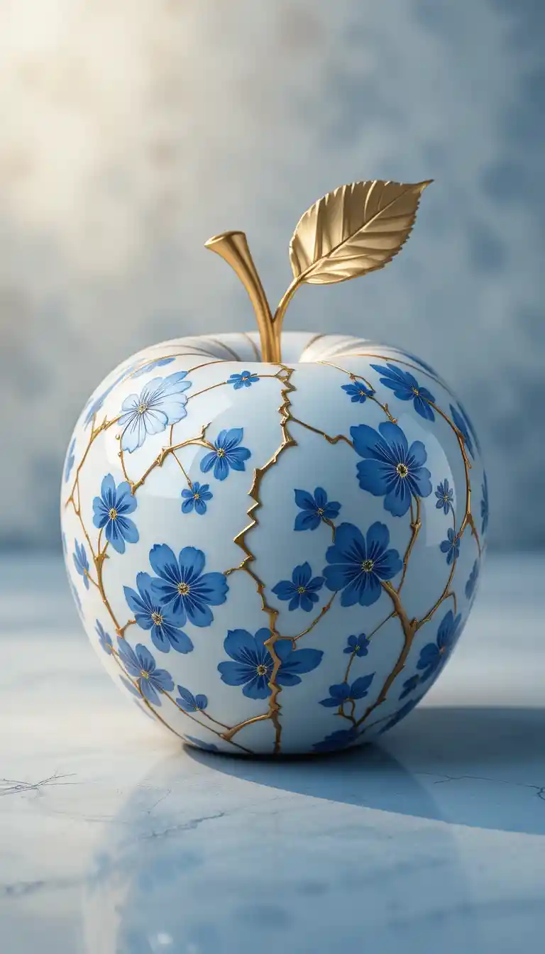 Porcelain Apple With Gold Kintsugi And Blue Floral Details