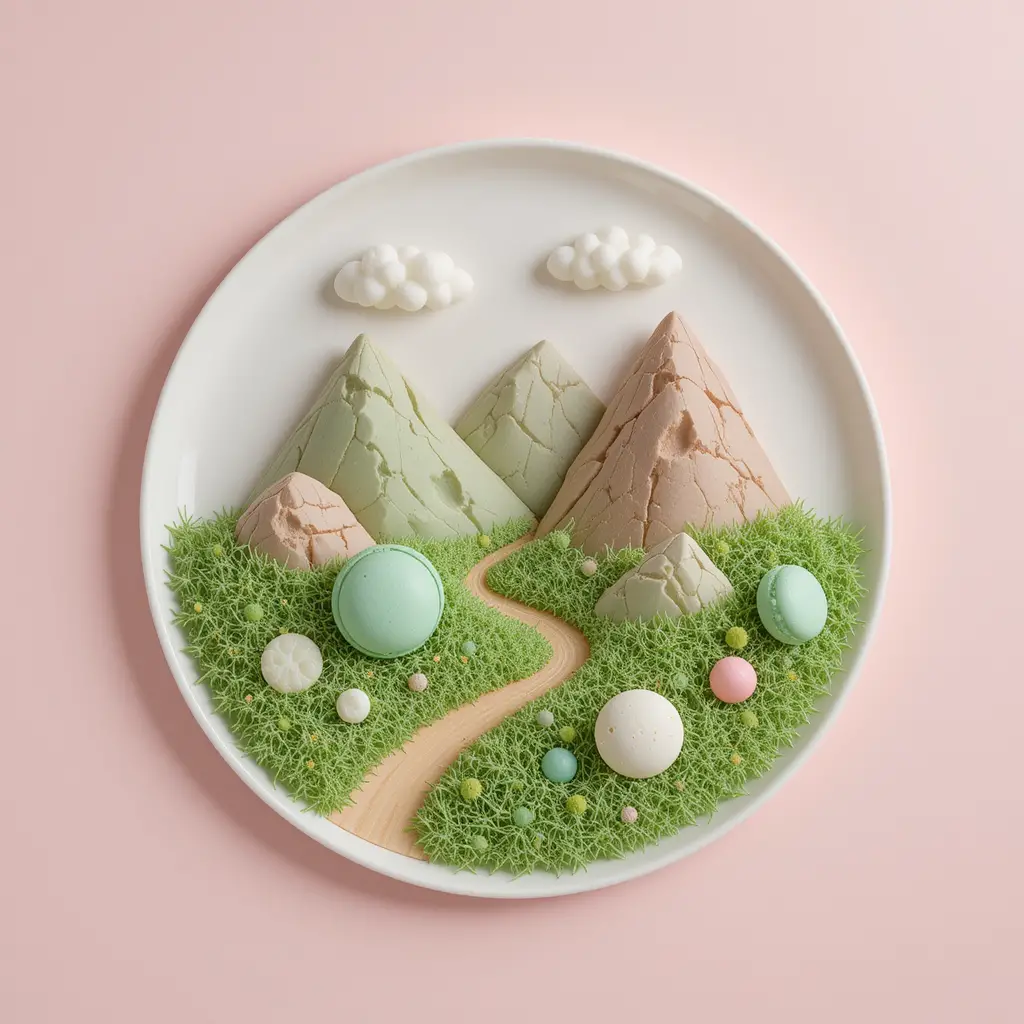 Minimalist valley landscape created with playful dessert shapes