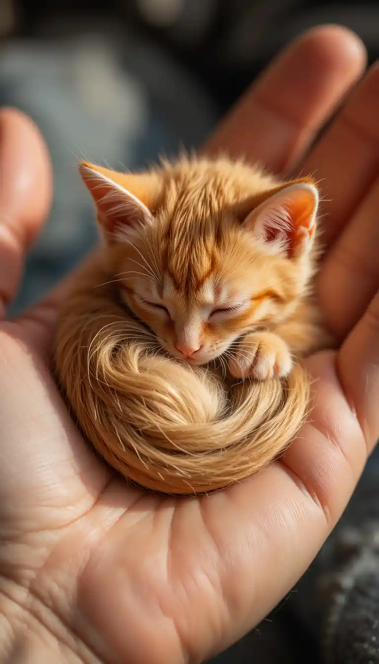 Tiny orange kitten sleeping curled in a human hand