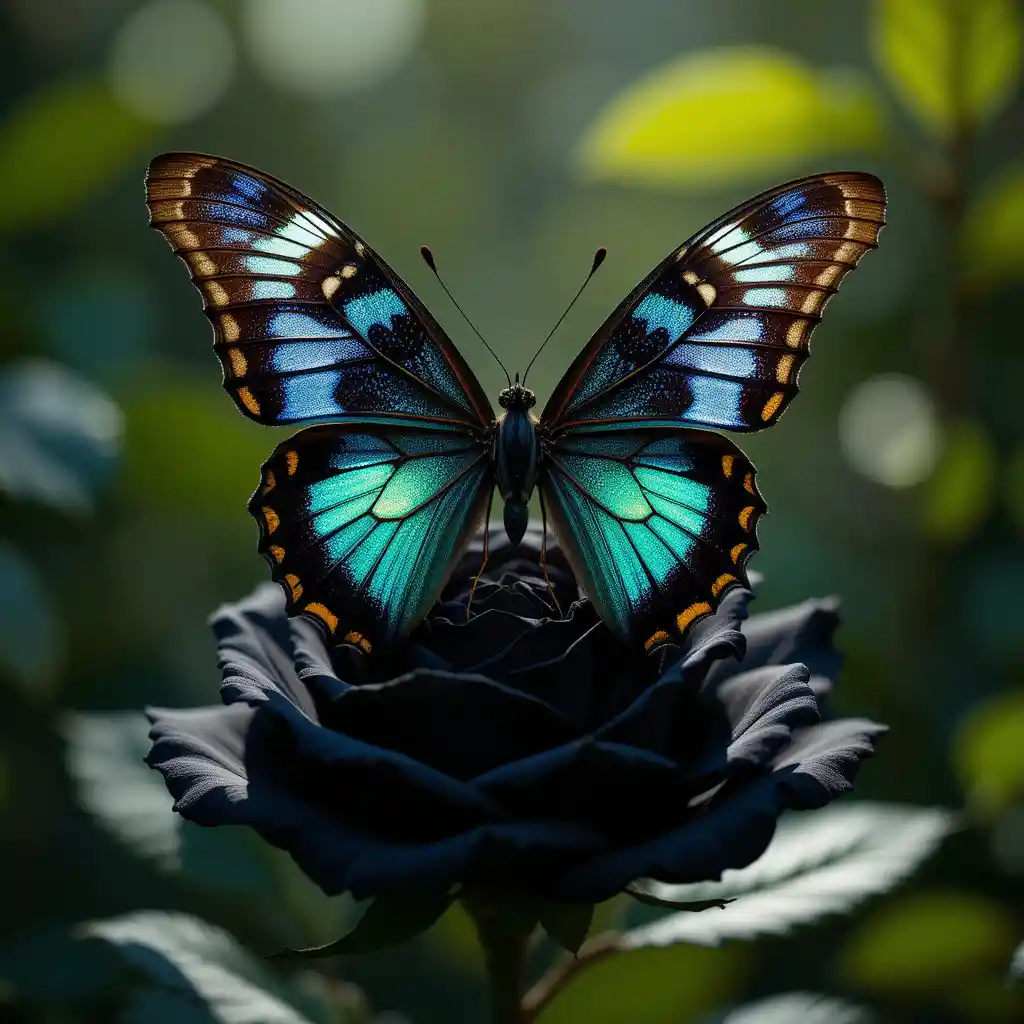 Butterfly Resting On A Black Rose In Soft Light