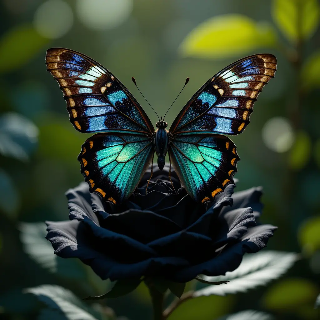 Butterfly Resting On A Black Rose In Soft Light