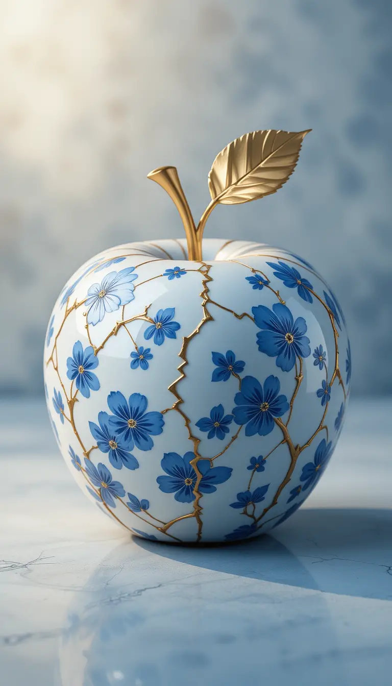 Porcelain Apple With Gold Kintsugi And Blue Floral Details