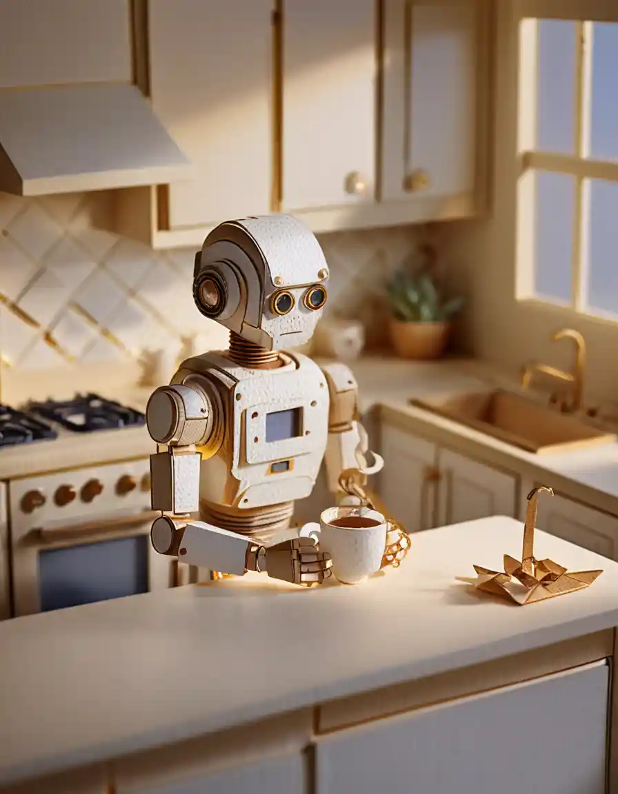 Paper craft humanoid robot drinking coffee in kitchen