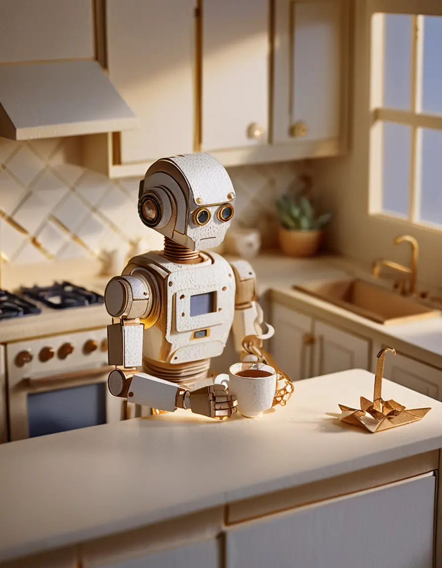 Paper craft humanoid robot drinking coffee in kitchen