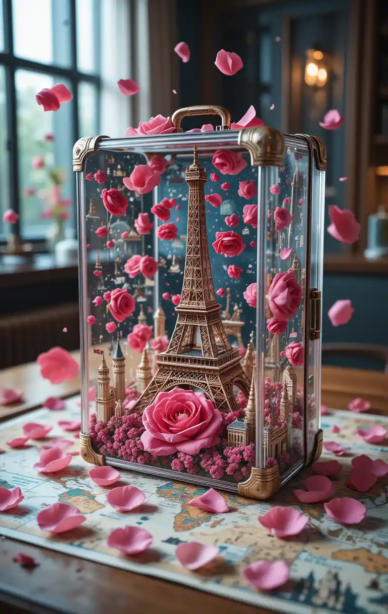 Glass suitcase with eiffel tower and falling rose petals