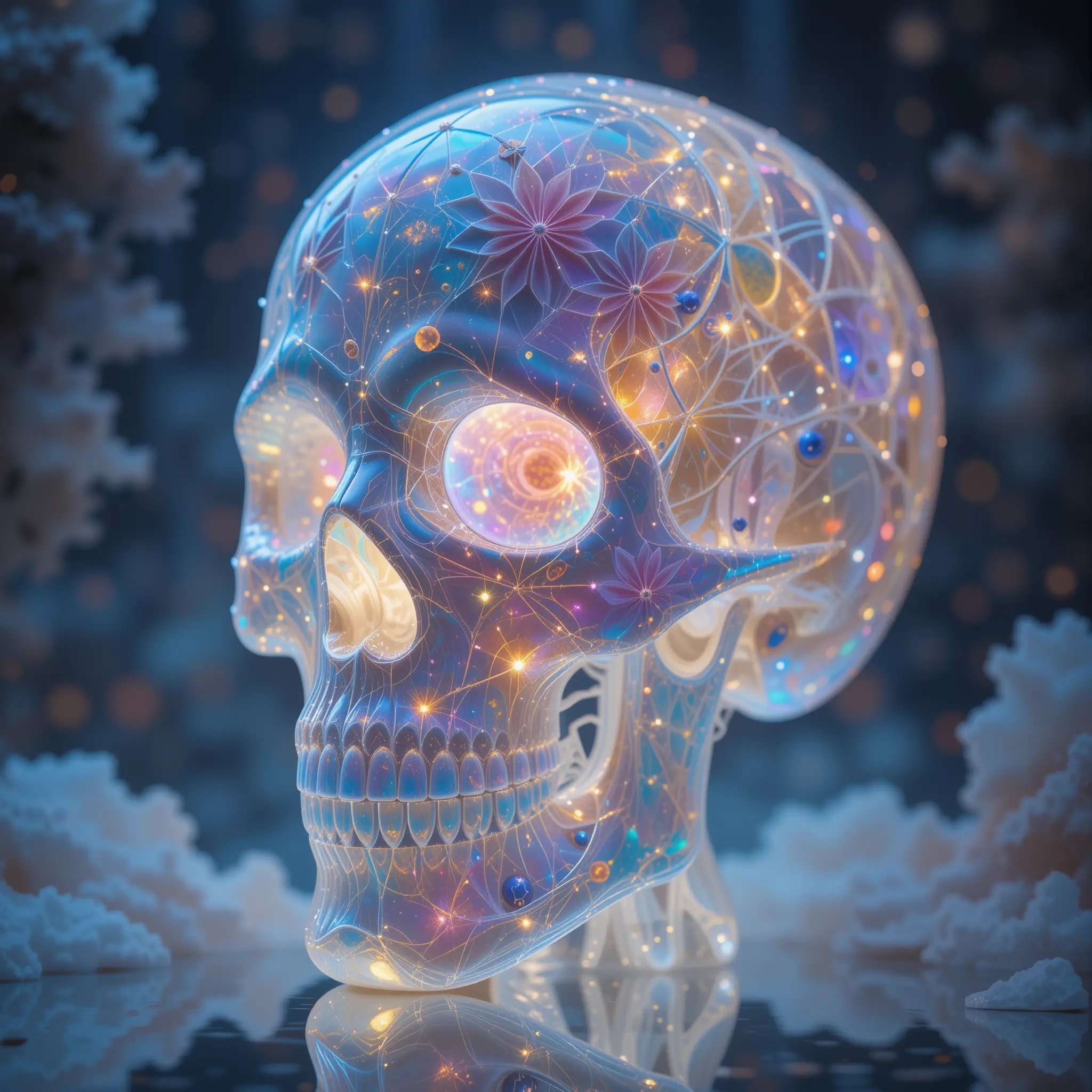 Porcelain fractal human skull with glowing opal rainbow effects