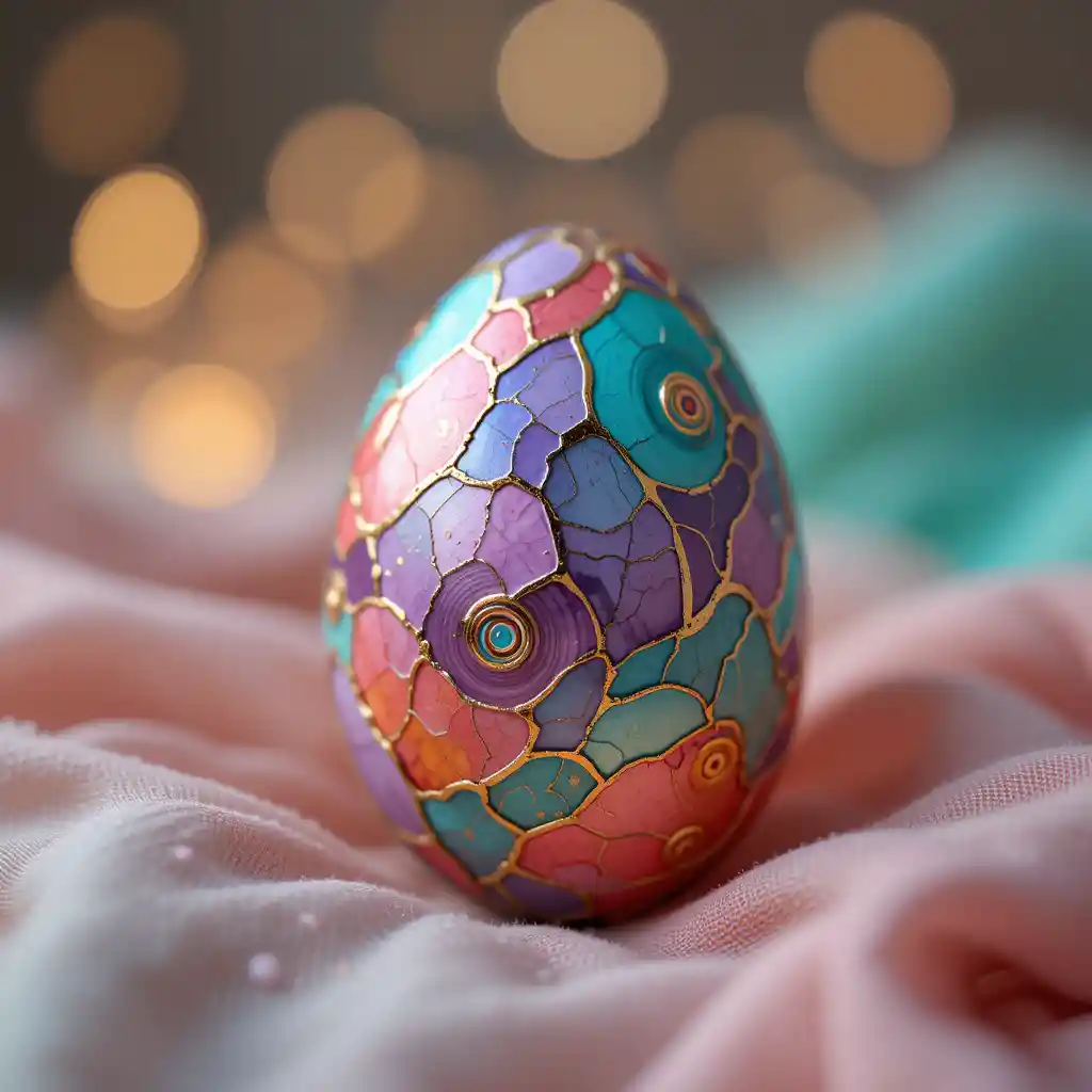 Verziertes Osterei auf weichem pastellfarbenem Stoff mit Bokeh