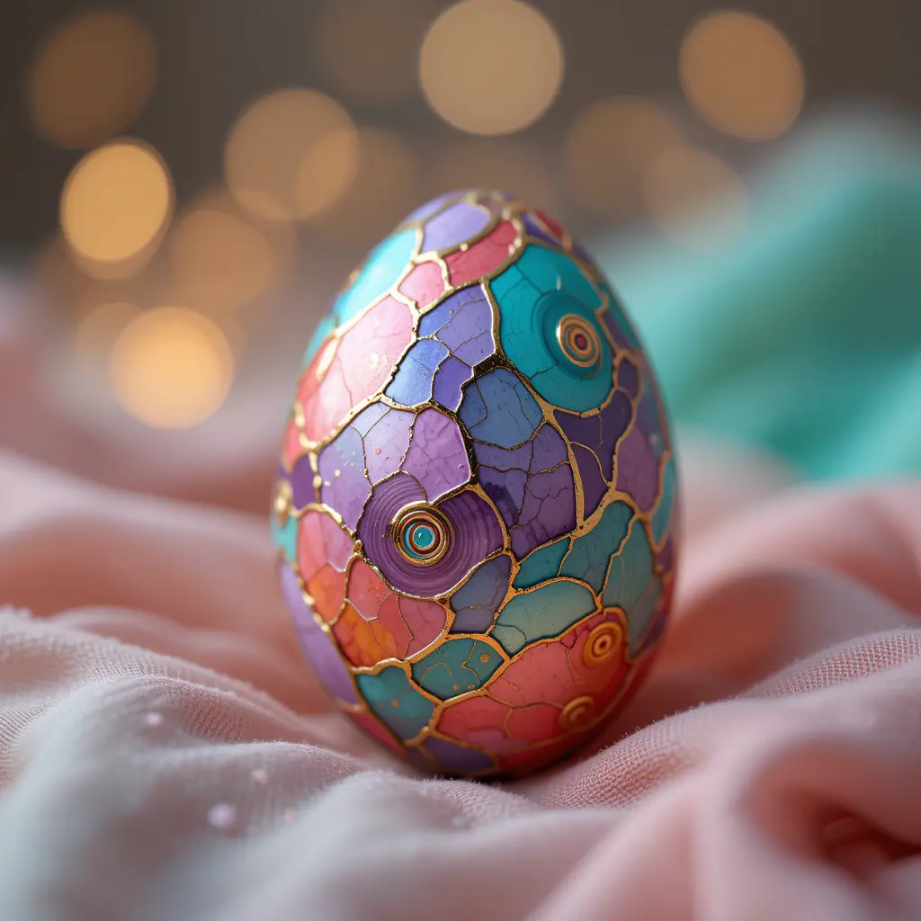 Decorated Easter egg on soft pastel fabric with bokeh