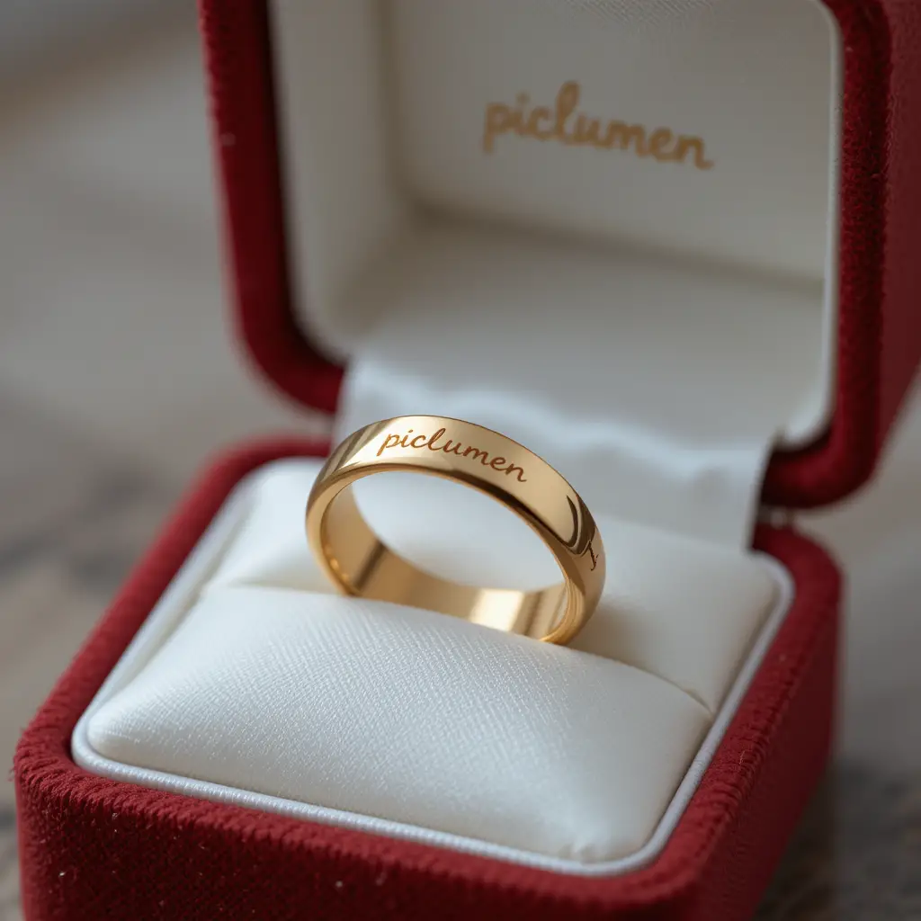 Gold ring on satin pillow inside red jewelry box