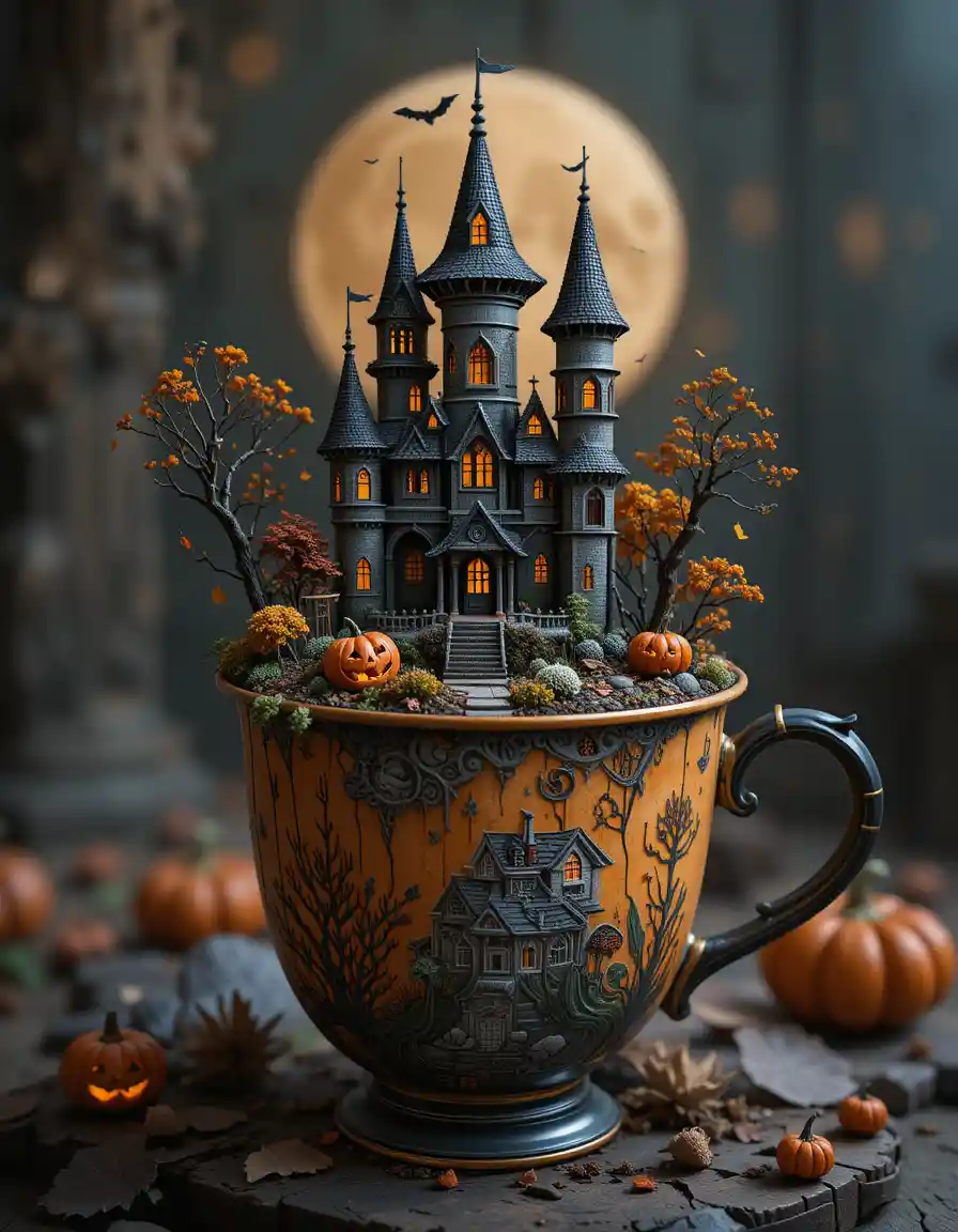 Mini mundo de castillo de fantasía dentro de una taza para Halloween