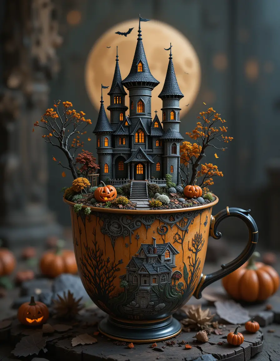 Tiny fantasy castle world inside a cup for halloween