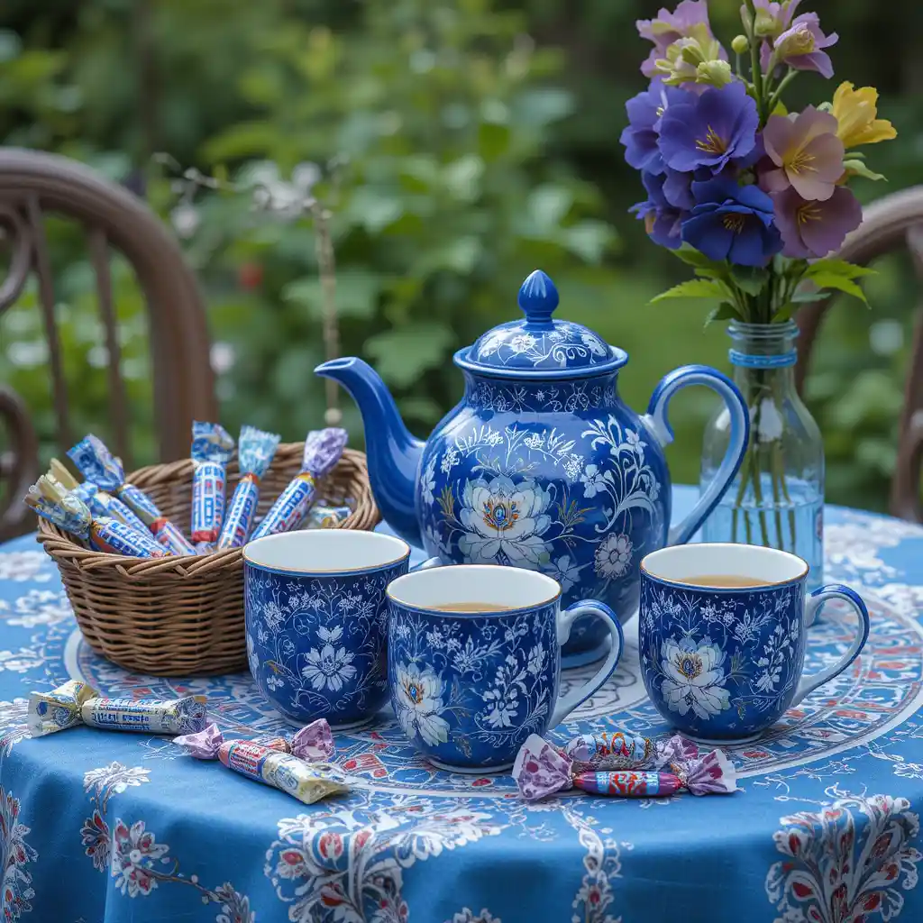 Blue porcelain tea set on garden table with flowers