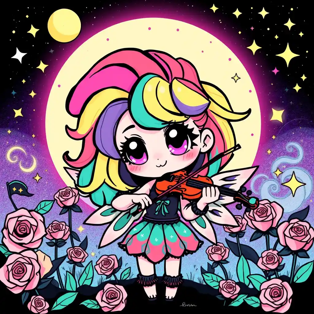 Ragazza kawaii fantasy che suona il violino in un magico giardino lunare