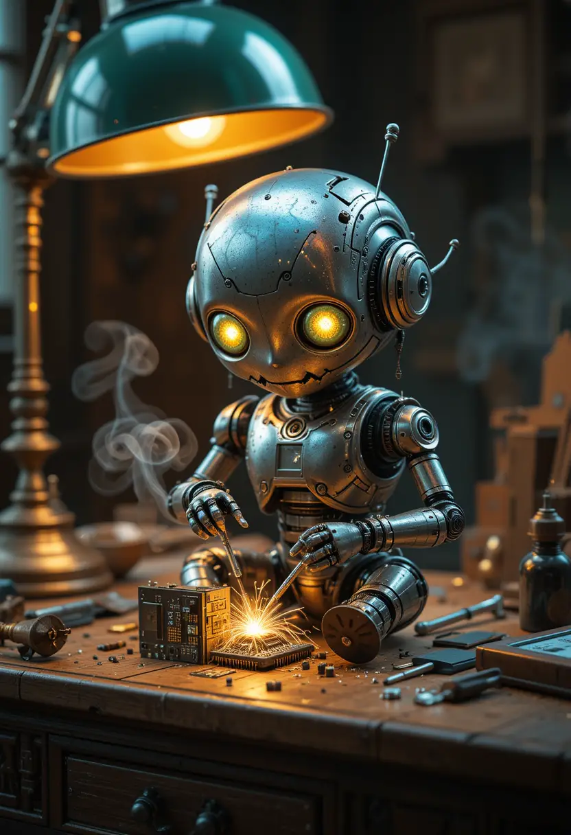 Tiny robot repairing an electronic chip under warm lamp