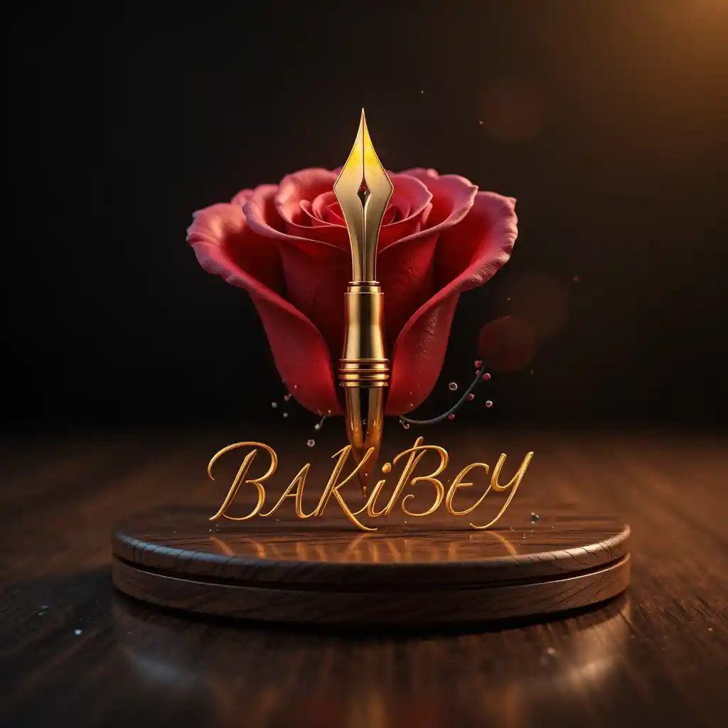 Logotipo de rosa dourada e caneta-tinteiro em fundo escuro